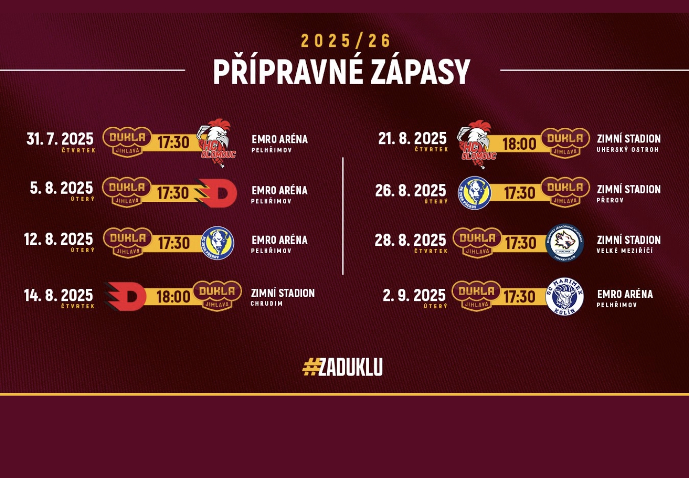 HC Dukla Jihlava přípravné zápasy 2025 - 2026